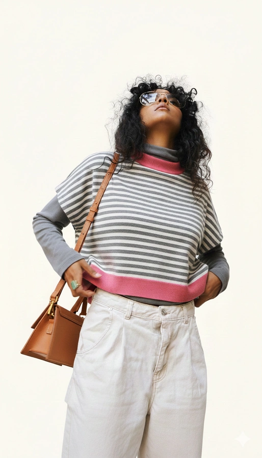 חולצת ג׳יין ללא שרוול - פסים אפור מלאנז׳/ורוד ניאון