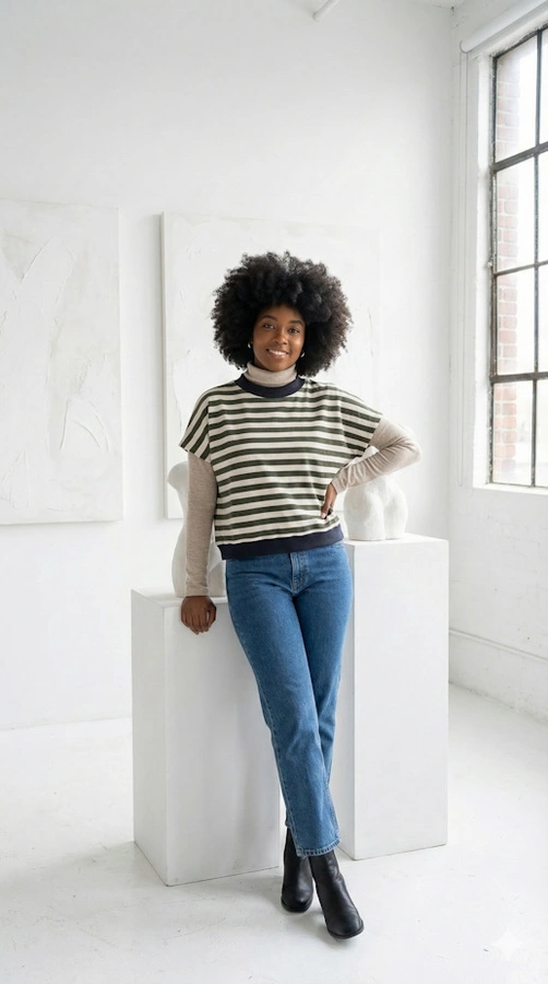 חולצת ג׳יין ללא שרוול - פסים זית/נייבי