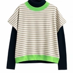 חולצת ג׳יין ללא שרוול - פסים חול/ירוק ניאון