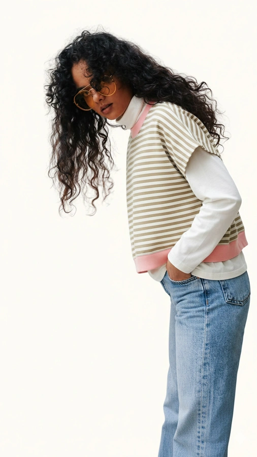 חולצת ג׳יין ללא שרוול - פסים חול/ורוד בייבי