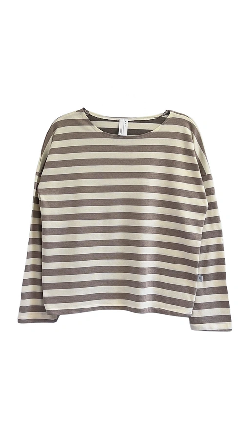 חולצת טי כתף שמוטה - פסים שמנת/חום - מירן