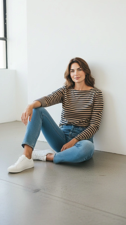 חולצת טי פסים קלאסית - חום/נייבי - מארי